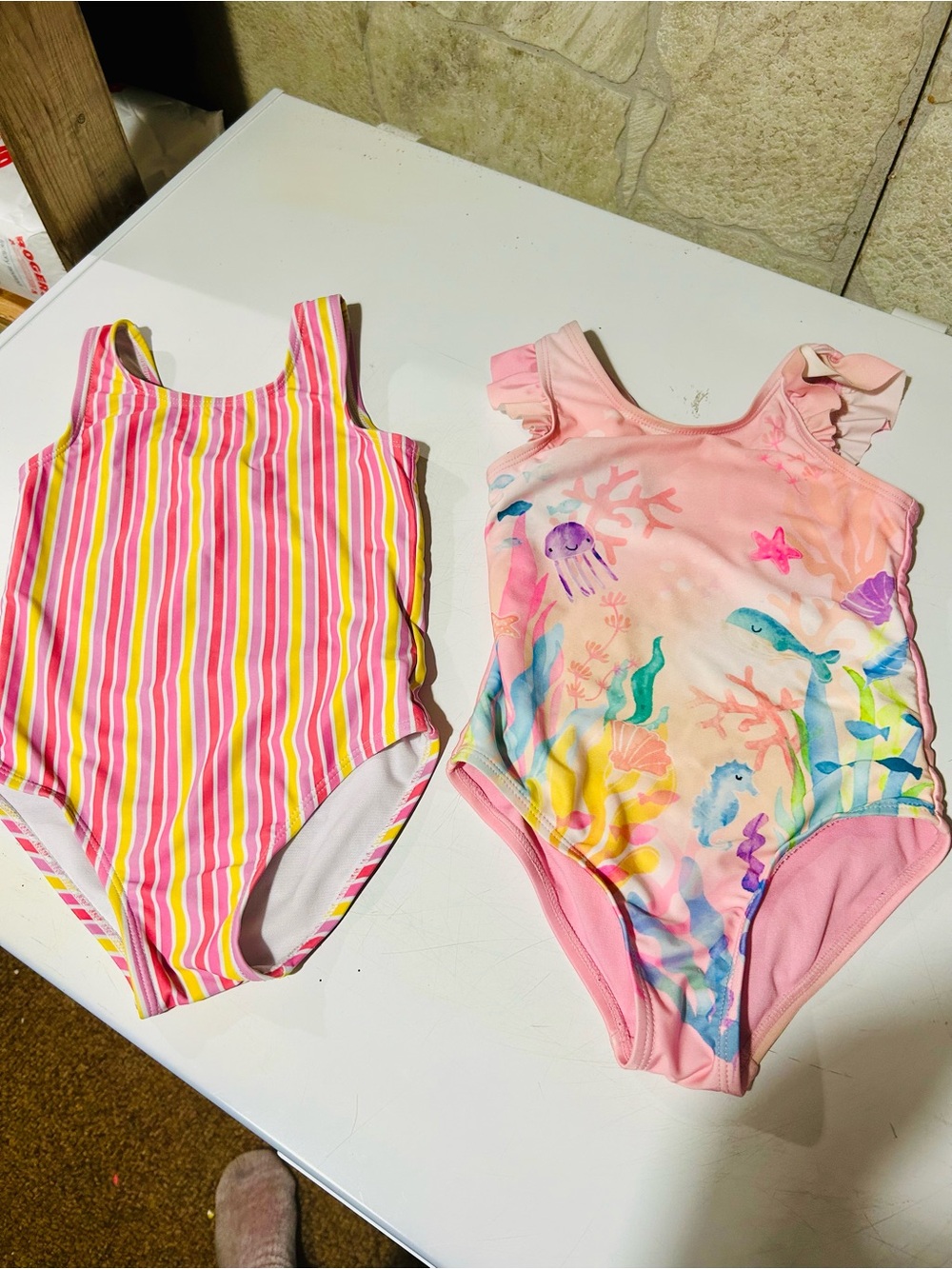 George Pink & Yellow Striped and Sea Life Print Girls One-Piece Swimsuits